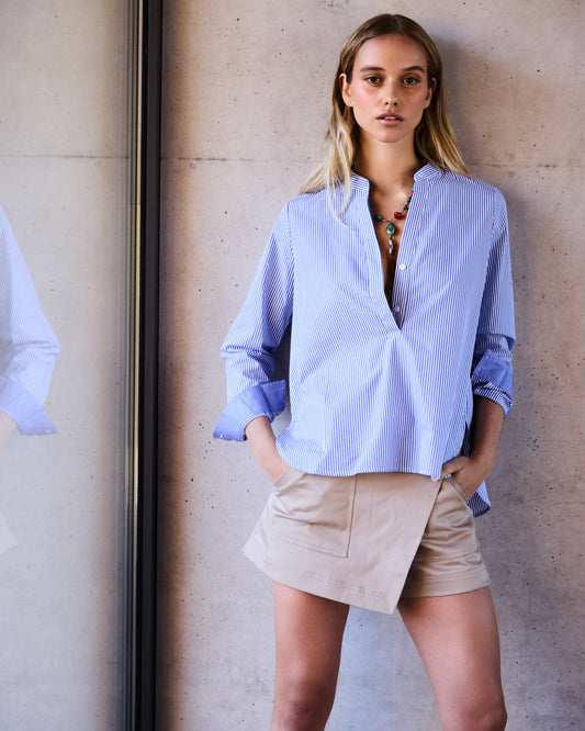 Blusa algodón pima cuello mao rayada