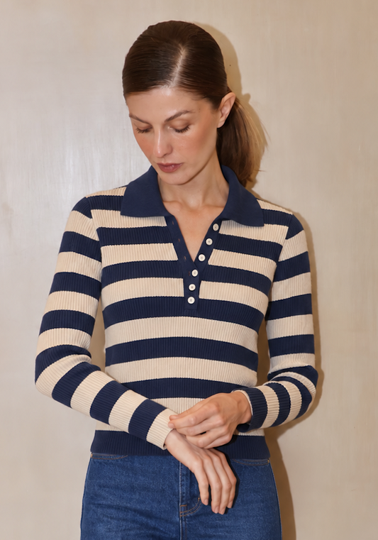 Polera tejida azul rayas