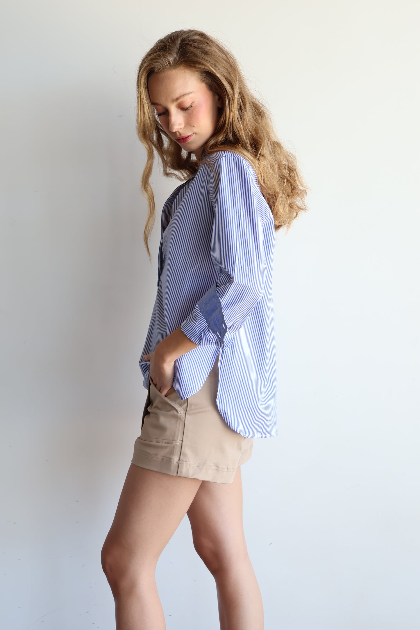 Blusa algodón pima cuello mao rayada