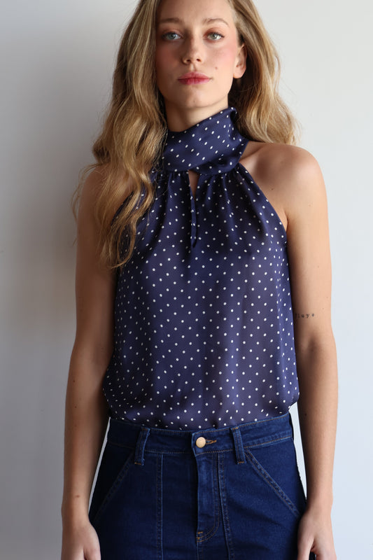 Blusa halter crepe azul con puntos